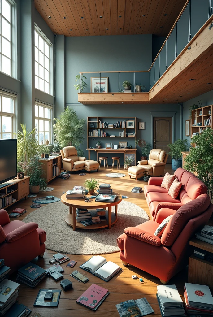 HD image of a spacious but messy living room with things on the table and armchairs, etc