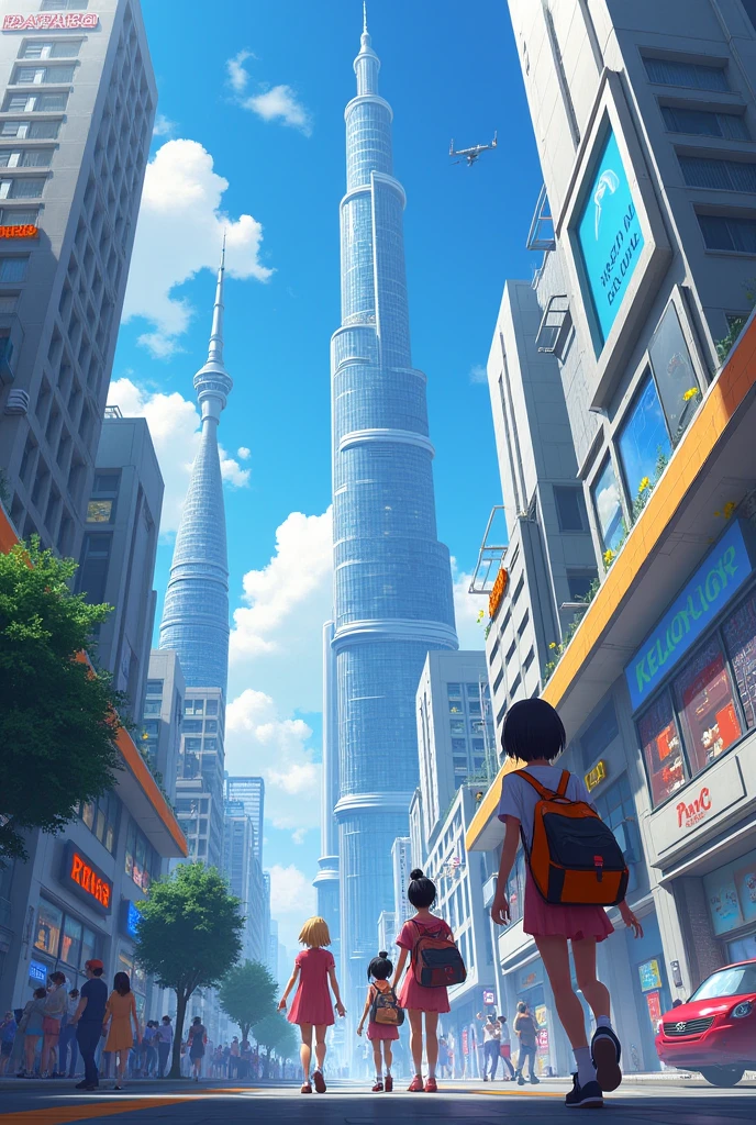 Futuristic city surrounded by buildings an anime theme