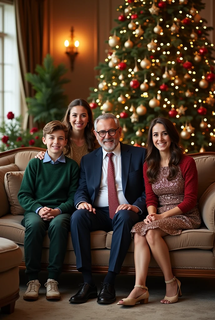 Description of the Photograph of the Mazzoni Family in a Christmas Mood 1. enviroment:

The photograph is taken in a living room elegantly decorated for Christmas. The atmosphere is welcoming and festive, with a grand, well-decorated Christmas tree as the centerpiece. The background displays classic furniture, floral arrangements and Christmas decorations such as garlands, garlands and soft lights.

2. Photography Composition:

- John Vicente Mazzoni (Ian Bohen):

Position: Giovanni is sitting in the center of the sofa, with a welcoming smile and a relaxed posture.
Appearance: He wears a dark suit (navy blue or dark gray) with a white shirt and a festive tie in a golden or dark red shade, that matches the Christmas spirit. Instead of a full formal look, he may be without his jacket, with a thin wool sweater over the shirt, to give a more casual and festive touch.
- Clara Williams Dubois Albuquerque Mazzoni (Bridget Regan):

Position: Clara is next to Giovanni, slightly tilted towards you, with a warm look and a slight smile.
Appearance: She wears an elegant Christmas dress in a deep red or emerald green shade., with subtle gold details. The dress is sophisticated, but with a festive touch. Your hair is in a loose bun or wavy style, decorated with a festive tiara or Christmas flower.
- Thomas Mazzoni (Tom Welling):

Position: Thomas is next to Clara, with a casual posture and a friendly smile.
Appearance: He wears a stylish Christmas sweater in a dark green or red shade., perhaps with a discreet pattern like snowflakes or stars. The sweater is paired with well-cut pants and a touch of casual elegance..
- Ailyn Mazzoni (adriana lima):

Position: Ailyn is next to Thomas, with a graceful posture and a charming smile.
Appearance: She wears a festive dress in a gold or silver tone., with crystal or sequin details that shine softly in the light of the decorations. Your hair is in loose waves or a sophisticated bun,