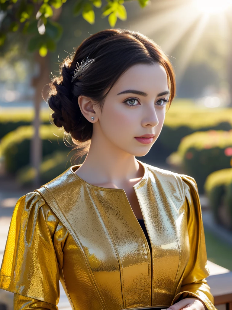 Adelaide Kane (Queen Mary Stuart, Reign Series), Wearing bright latex vede, Strong pose, looking at the camera, Lakeside, detailed, Daytime, sun rays, ultra detailed photography, Warm lighting, Art Station, 4K, Sharp focus, High resolution, masterpiece.