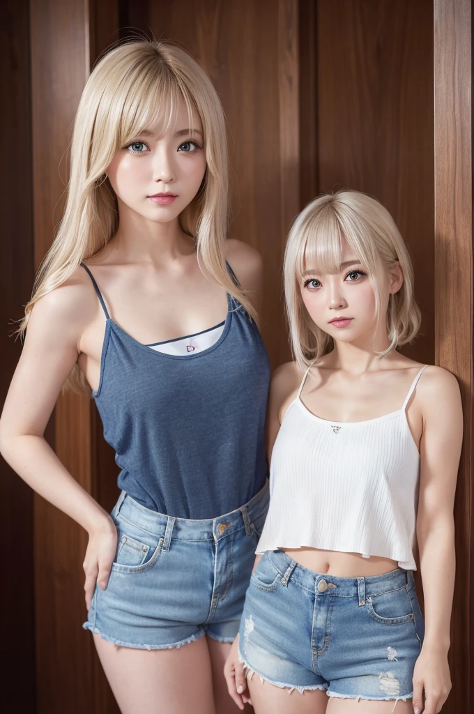 (Highest quality、4K、8k、High resolution、masterpiece:1.2)、Very detailed、(Genuine、Realistic、Realistic:1.3)、blond、middle hair、Inward curl、japanese gal、camisole、short pants