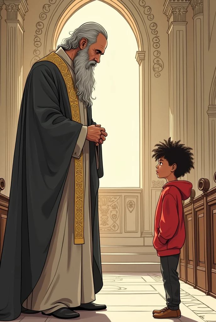 Very simple drawing of a bearded priest ignoring a boy with curly hair and a red sweatshirt inside a church