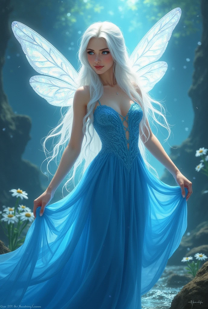 A fairy woman with water aesthetic. she has white hair that goes down to blue Color in the length. She has blue eyes and wears a blue princess dress. Her wings are white with an blue iridescent hue. Fantasy artsytle. Realistic artstyle.