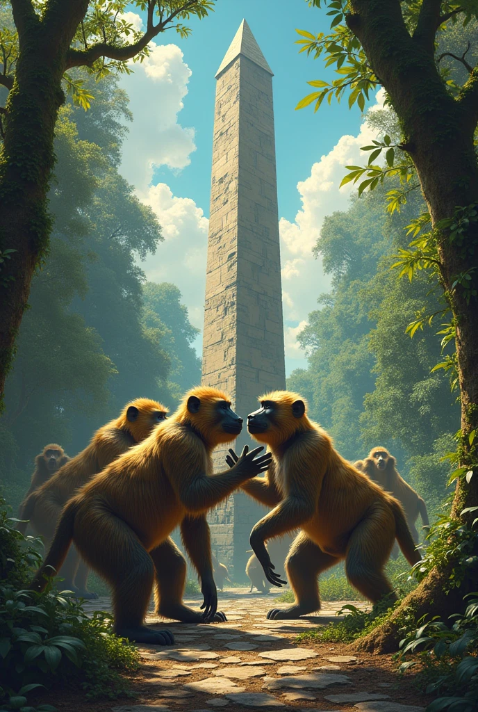Obelisk of Paris, dans la jungle, avec des babouins qui ont des érections autour et ils se touchent entre eux
