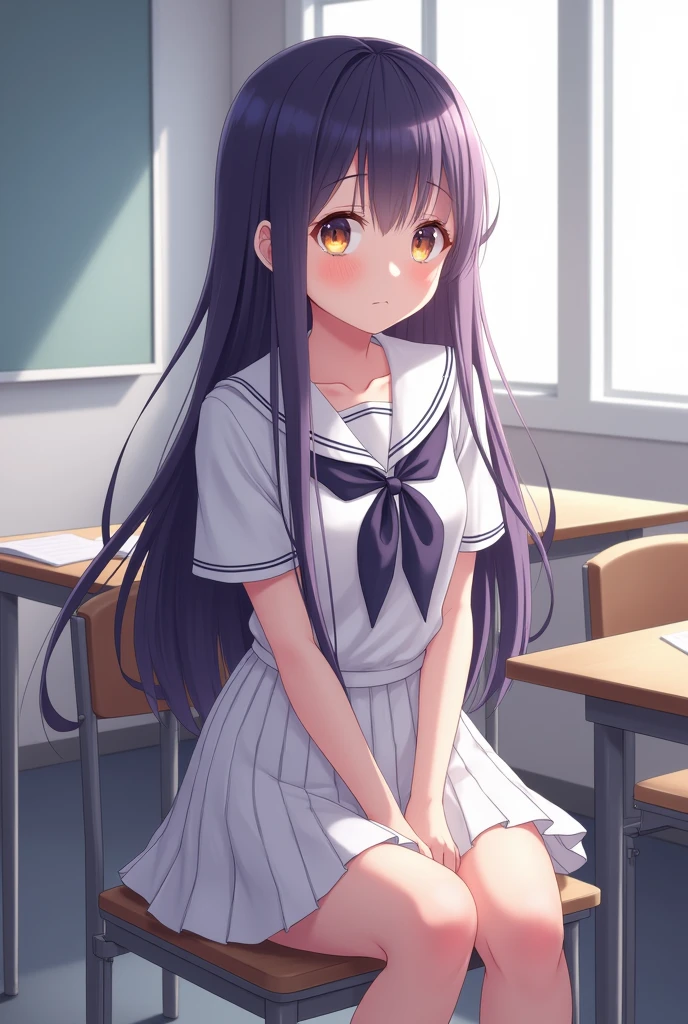 1girl, long midnight purple hair, golden light eyes, sit in class, white school modern uniform, anime