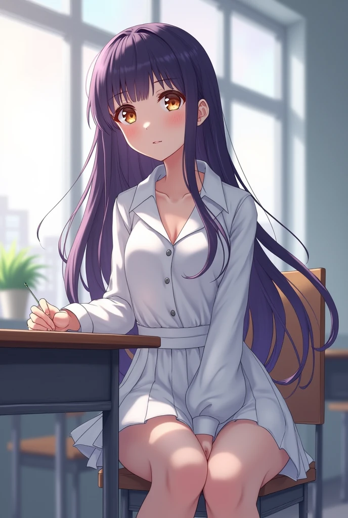 1girl, long midnight purple hair, golden light eyes, sit in class, white school modern uniform, anime