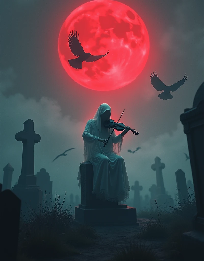 Ghost sitting on a grave in a cemetery playing the violin, natta, haze, big red moon, ravens