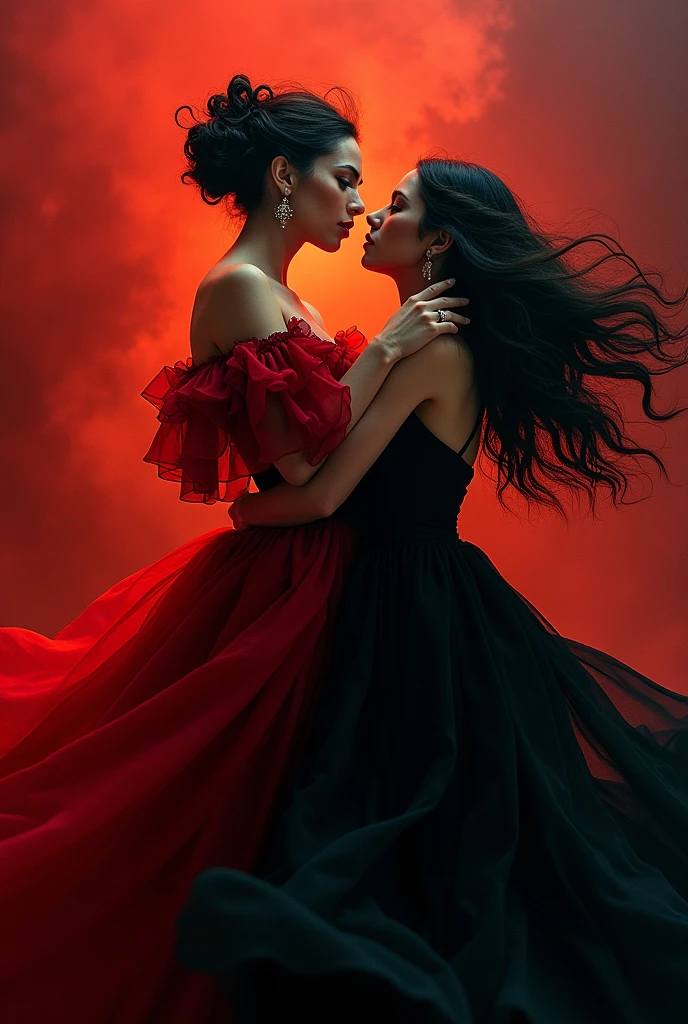 Make me an ideal poster to promote CARMEN., a ballet and contemporary dance performance,  something very passionate, that she sells and that another woman in black appears with CARMEN