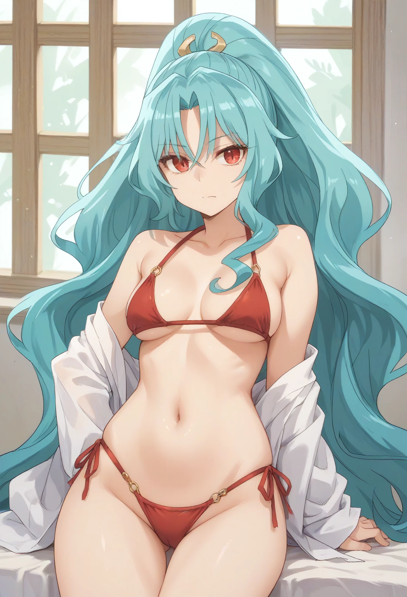 long hair aqua hair ponytail red eyes,slit pupils,bikini