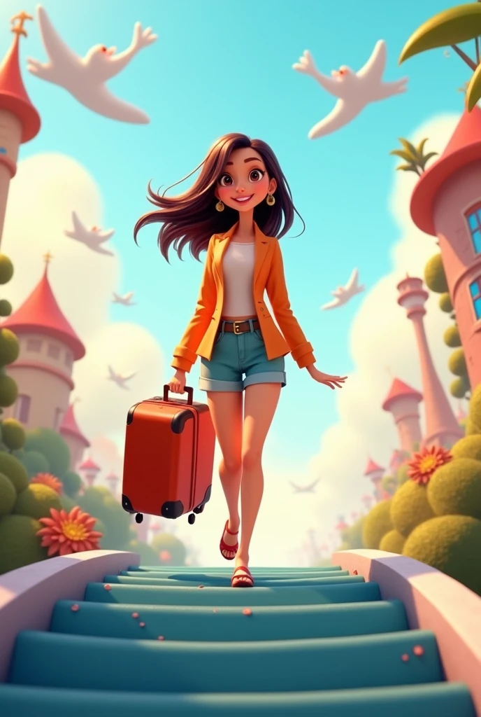 disney cartoon pixar style woman walking with a suitcase on a ramp

