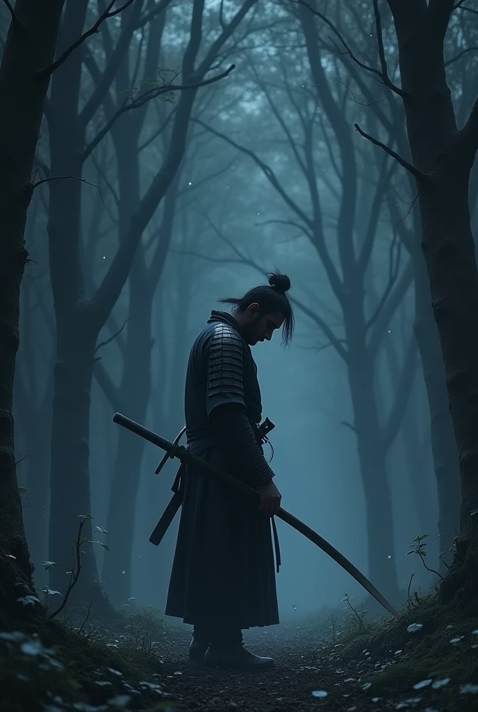 Create an image of a samurai, holding a katana, head down, with dew falling at night and a dark forest in the background.