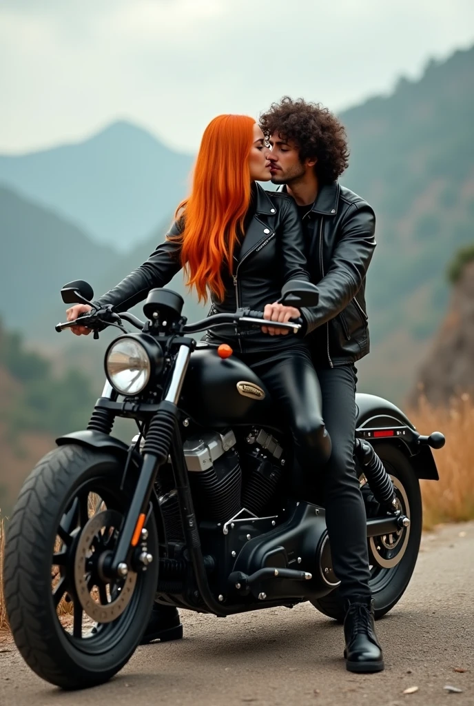 A pair of lovers dressed in full black, a chopper motorbike parked in a scenic area, both wearing boots, girl orange straight hair boy curly hair 