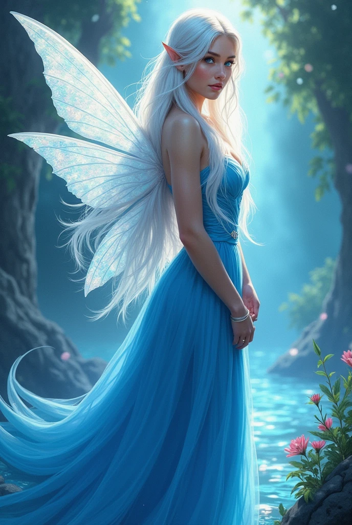 A fairy woman with water aesthetic. she has white hair that goes down to blue Color in the length. She has blue eyes and wears a blue princess dress. Her wings are white with an blue iridescent hue. Fantasy artsytle. Realistic artstyle.