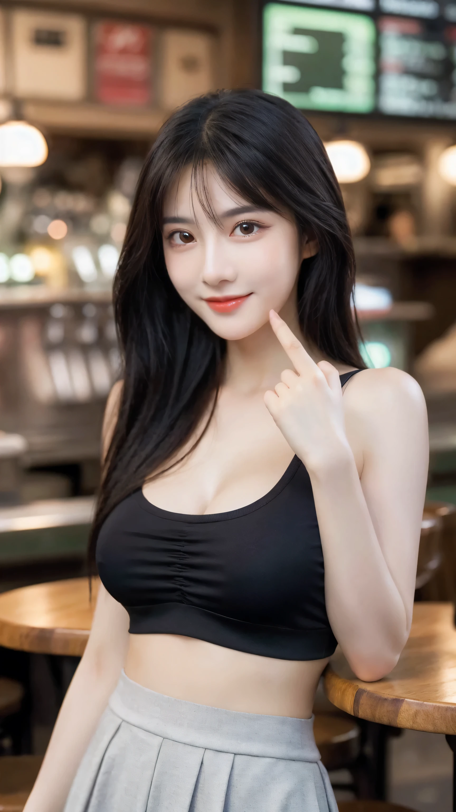 (8k, RAW Photo, Best Quality, Masterpiece:1.2), table top, Ultra Detail, Super Resolution, (Realistic, Realistic Photo:1.37), Portrait, High Detail RAW Color Photo, Professional Photo, Extremely Detailed and Beautiful, Extremely detailed, 8k wallpaper, amazing and detailed, huge file size, official art, highly detailed CG unity 8k wallpaper, highly detailed beautiful girl, highly detailed face, highly detailed eyes, highly detailed skin, highly detailed fingers, highly detailed nose, very detailed detailed mouth , perfect anatomy, highly detailed background, highly detailed clothes, 1girl, ,cute girl, realistic body, fair skin, glowing skin , slim body, handsome body, black hair , Semilong hair, (blunt bangs:1.2), smile, cute, youthful, cute face, realistic face, delicate eyes, drooping eyes, looking at viewer, standing posture, Contraposto, dynamic lighting, (medium ), (Perfect Body Proportions), (slender Body Proportions), (tank top), (mini skirt), (Inside the pub),