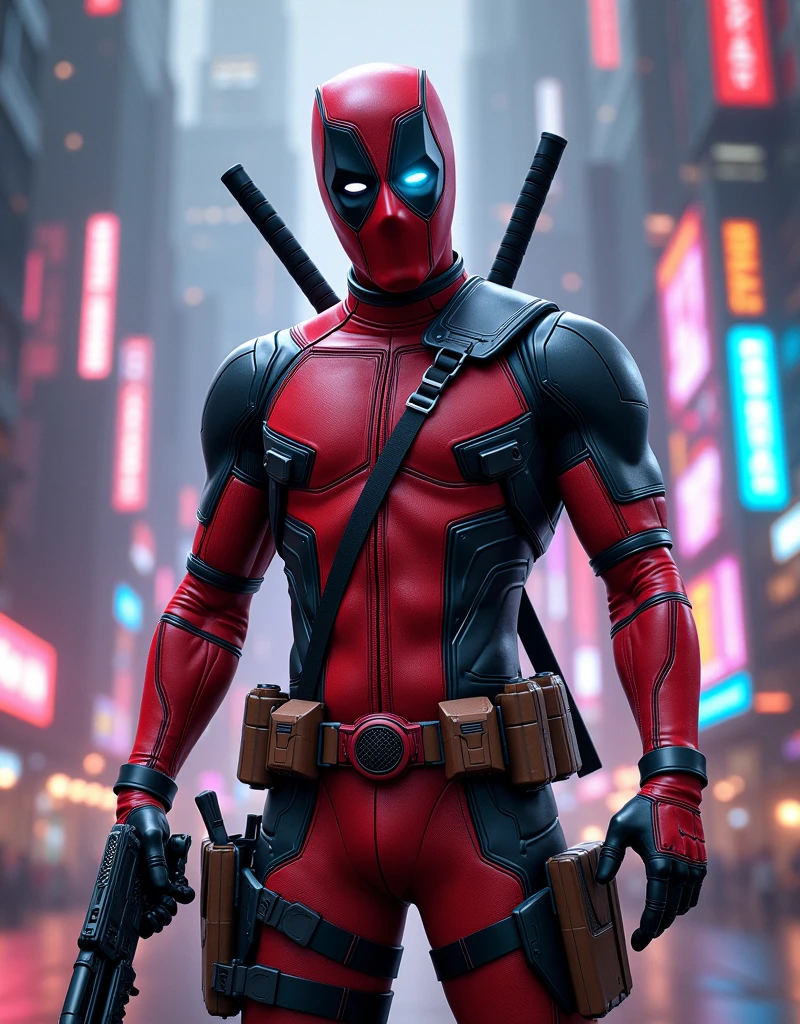 Deadpool Marvel's universe super hero red and white glossy finish costume futuristic suit cyberpunk neon city