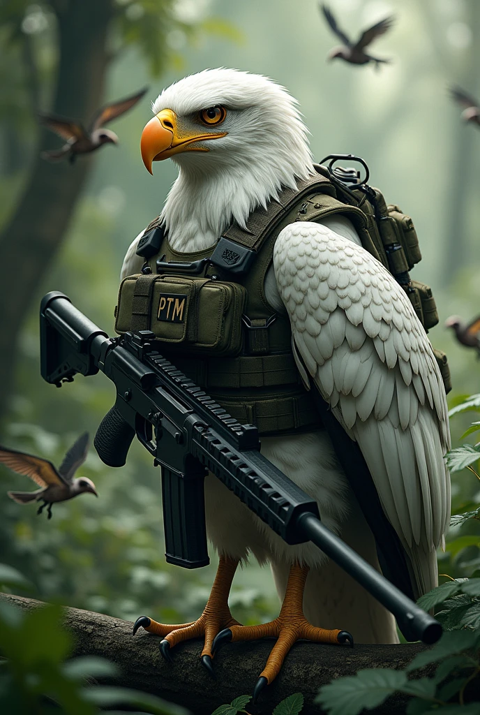 White harpy eagle with vest with the letter PTM on the chest, loading a sniper rifle; in the background the jungle with small soldier birds