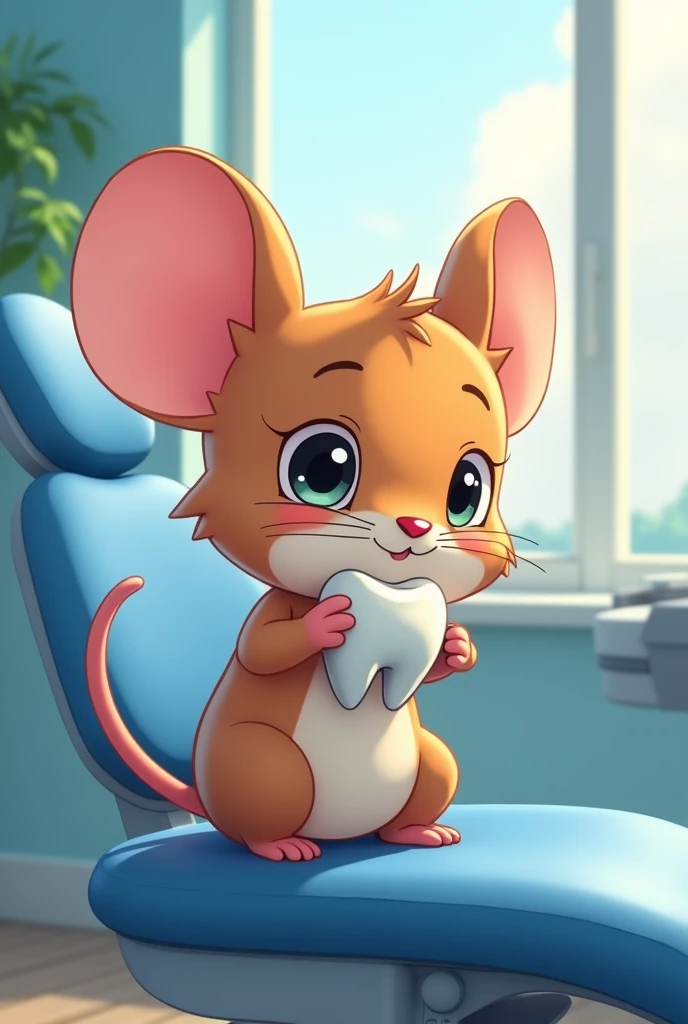 anime hd a cute mouse with a tooth in hand in a dentist&#39;s office pulling out a tooth anime 8K