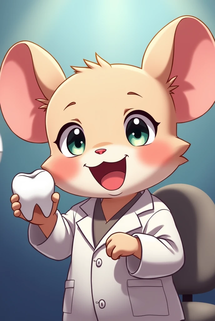 anime hd a cute mouse with a tooth in hand in a dentist's office pulling out a tooth anime 8K