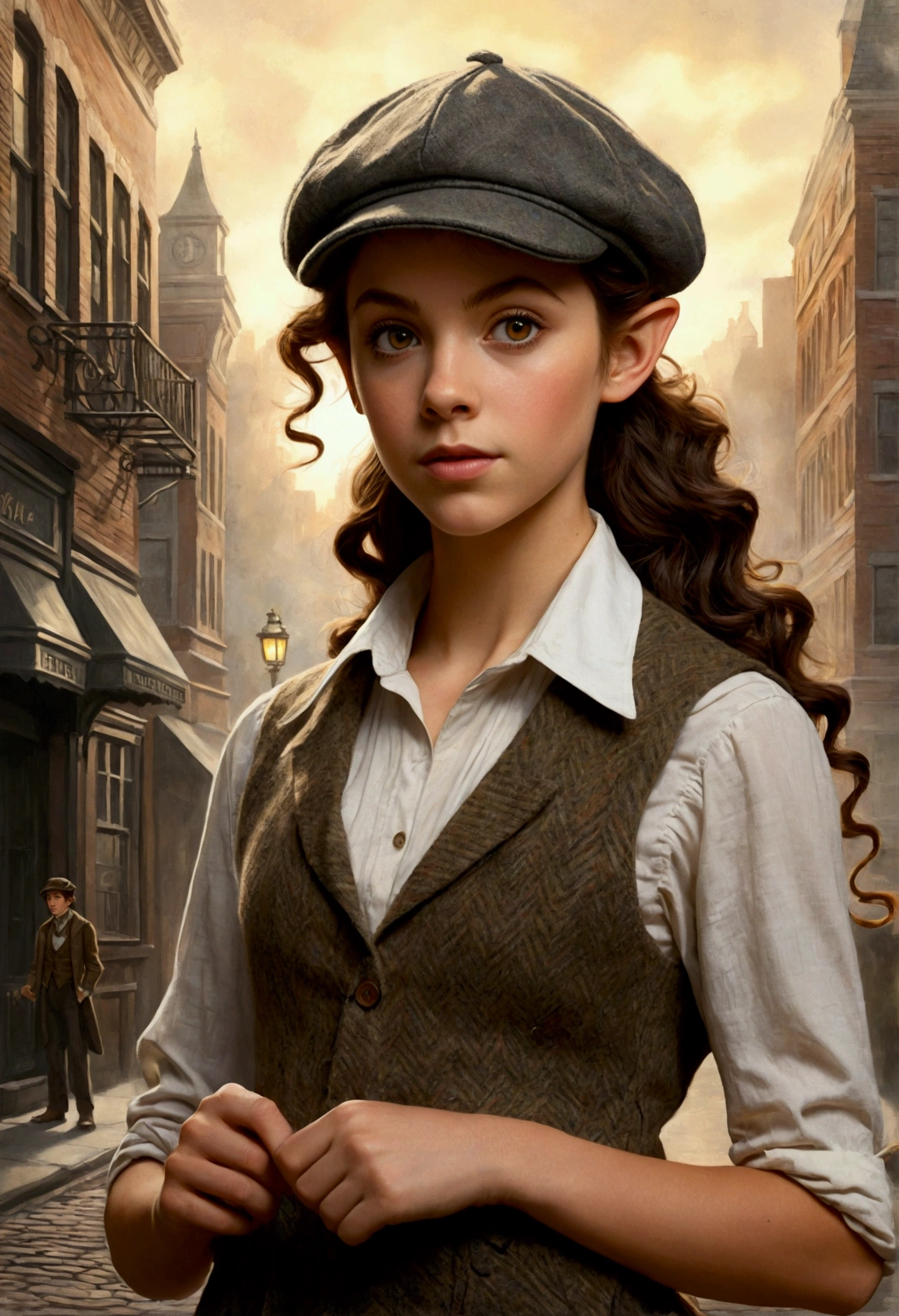 An illustrated movie poster, hand-drawn, full color, a age elven girl, wearing a tweed vest and a newsie cap, athletic hourglass figure, long pointy elf ears, amber eyes, dark hair, messy curls, deep sun-tanned skintone, standing on a foggy victorian-era street corner, graphite shading, stencil marks, airbrushed acrylic paint, masterpiece, in the style of the Sherlock Holmes, elf ears