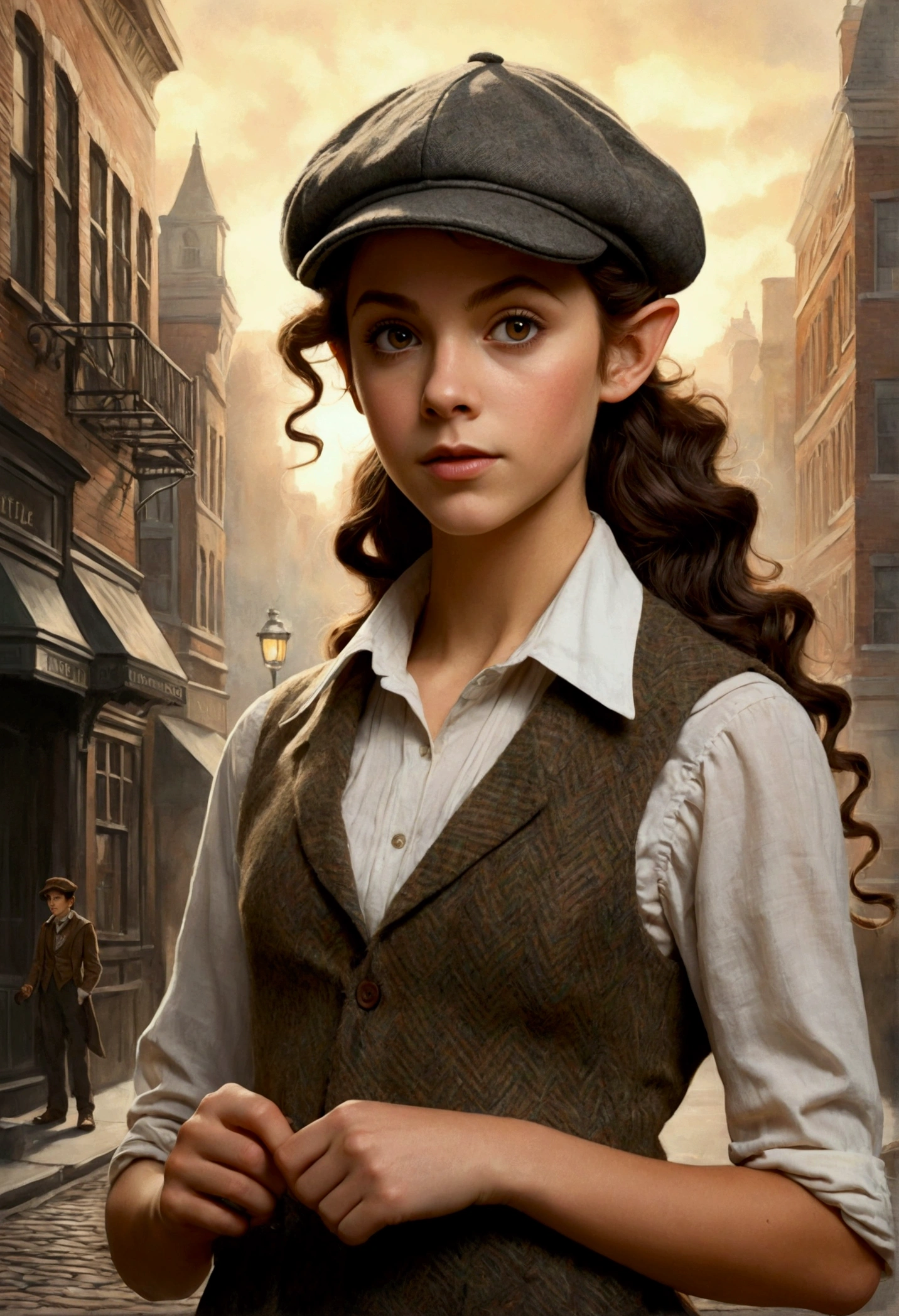 An illustrated movie poster, hand-drawn, full color, a teenage elven girl, wearing a tweed vest and a newsie cap, athletic hourglass figure, long pointy elf ears, amber eyes, dark hair, messy curls, deep sun-tanned skintone, standing on a foggy victorian-era street corner, graphite shading, stencil marks, airbrushed acrylic paint, masterpiece, in the style of the Sherlock Holmes, elf ears