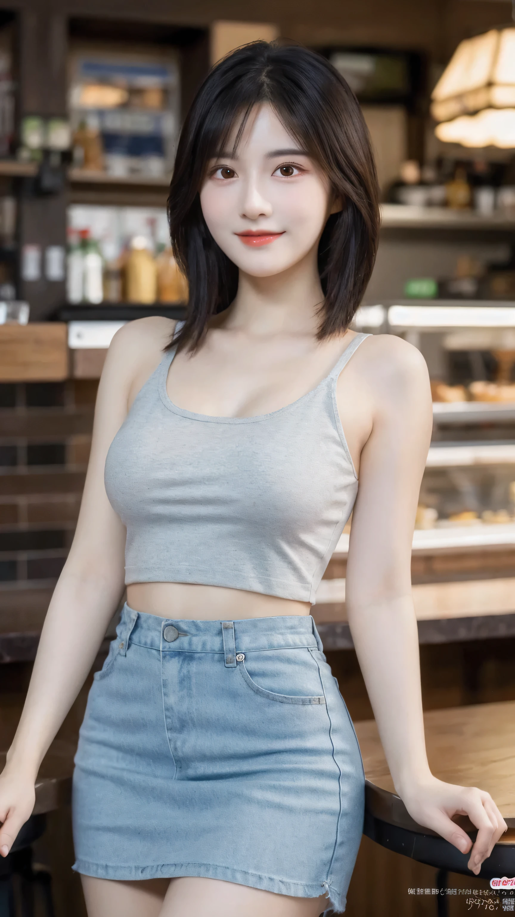 (8k, RAW Photo, Best Quality, Masterpiece:1.2), table top, Ultra Detail, Super Resolution, (Realistic, Realistic Photo:1.37), Portrait, High Detail RAW Color Photo, Professional Photo, Extremely Detailed and Beautiful, Extremely detailed, 8k wallpaper, amazing and detailed, huge file size, official art, highly detailed CG unity 8k wallpaper, highly detailed beautiful girl, highly detailed face, highly detailed eyes, highly detailed skin, highly detailed fingers, highly detailed nose, very detailed detailed mouth , perfect anatomy, highly detailed background, highly detailed clothes, 1girl, ,cute girl, realistic body, fair skin, glowing skin , slim body, handsome body, black hair , Semilong hair, (blunt bangs:1.2), smile, cute, youthful, cute face, realistic face, delicate eyes, drooping eyes, looking at viewer,  standing posture, Contraposto, dynamic lighting, (medium breasts), (Perfect Body Proportions), (slender Body Proportions), (tank top), (mini skirt), (Inside the pub),