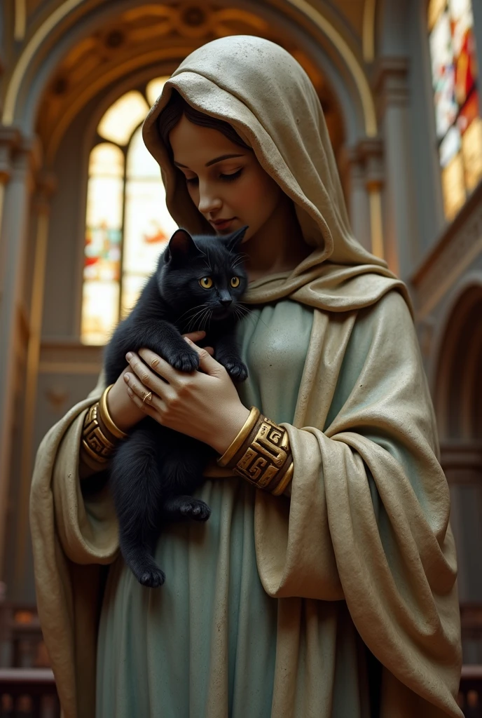 A realistic photo of the statue of the Virgin and Child in the Basilica of Notre Dame de la Garde in Marseille, which is said to have the head of a black cat holding a very cute kitten in its arms.
