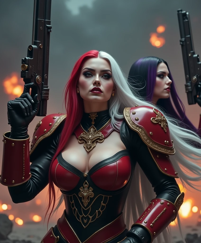 Full body pose sexy sisters of battle from the warhammer 40k, shooting at the enemy, red space marine armor with intricate details, religous symbols on the armor, sisters of battle, warhammer 40k, Massive silicone breast, pale skin, seductive, temptation, eat your soul, clevage, long white flowing hair with red highlights, long black flowing hair with purple highlights, heavy gothic makeup, at night, neon, beautiful detailed eyes, beautiful detailed lips, extremely detailed eyes and face, long eyelashes, highly detailed armor, intricate futuristic weaponry, dramatic lighting, cinematic composition, muted color palette, gritty and realistic, mecha, science fiction, hyper-detailed, photorealistic, award winning digital art, 8k, HDR, masters work, in the middle of a battle field, full body combat action pose, explosions and fire around, full war, stunning, Stilleto heels, high heels, full body pose, cinematic, movie trailer, final stand!, nemesis, ready to strike, dust and debree, combat screams, attacking, shooting at the enemy, running forward, last line of defense, charging, fanatic, religious, templar knights, sisters of battle, warhammer 40k

