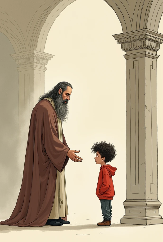 Very simple drawing of a bearded priest ignoring a  boy with curly hair and a red sweatshirt inside a church, that the child is in a corner of the church 