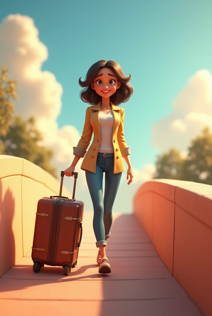 disney cartoon pixar style woman walking with a suitcase on a ramp with the suitcase on the ground
