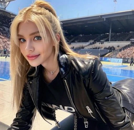 highest quality, Ultra-high resolution, (Realistic:1.4),Black rider jacket、black t-shirt with open chest、Leaning forward、Japanese、Gal、Blonde、blue eyes、cute、smile、Large motorcycle in the background