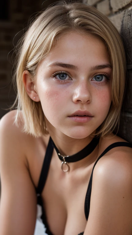 High resolution, AW images, Masterpiece, ((Ultra Detail)),(( Beautiful Art, 18 yo blonde girl . Full lips. Eyes wide, innocent expression )). ((Very short hair)), well-trained body, sweaty skin, choker, sheer Baby Doll, , (((old castle))),