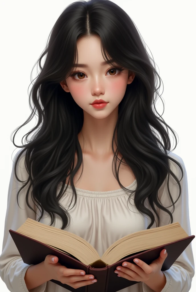 Generate images of my character with the main features, long, wavy black hair, brunette skin, Round face, dark brown eyes, and holding a book, a pele deve ser morena Round face com o fundo branco