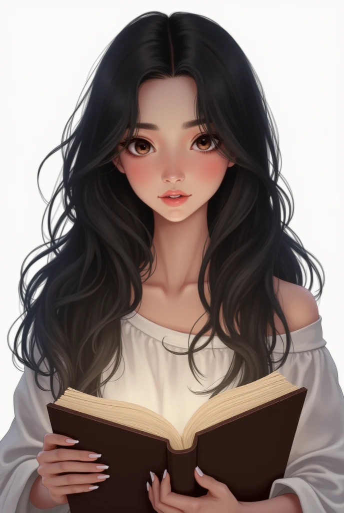 Generate images of my character with the main features, long, wavy black hair, brunette skin, Round face, dark brown eyes, and holding a book, a pele deve ser morena Round face com o fundo branco