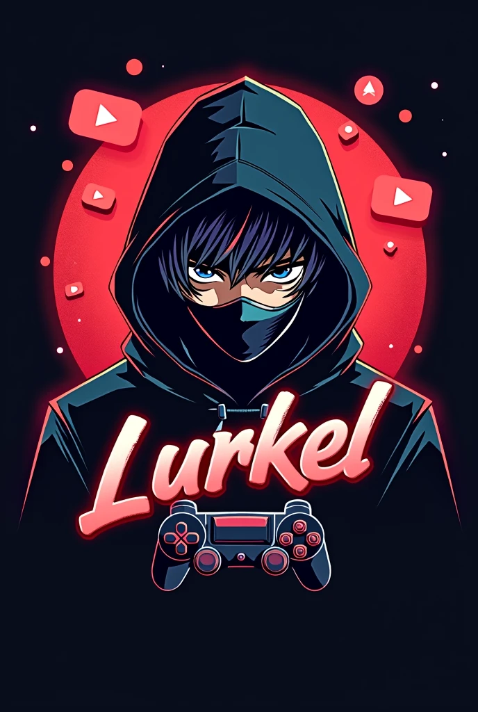 This is a gaming logo that features the name "lurkel" in a futuristic font and a red  colour and adult boy Anime avatar with mask and blue eyes, The logo also has a stylized controller icon and a You tube play button and anime icon and cinema icon in the background. The logo is designed to be attractive and eye-catching,, and to appeal to gaming enthusiasts and You Tube viewers. I hope like it.