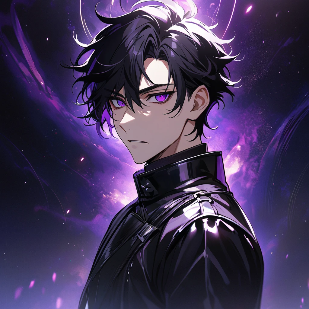 High quality, HD, 4k, no shadows, handsome male, handsome, extremly handsome, 1male, 1 male, teenager, pure black hair, short black hair, dark hair, black hair, jet black hair, sharp eyes, deep purple colored eyes, dark purple colored eyes, deep violet eyes, violet eyes, devil may cry, close up, calm expression, stoic expression, black leather clothes, black leather clothing, leather clothing, lean body, well trained body, upper body, looking at viewer, cowboy shot, white solar, space background