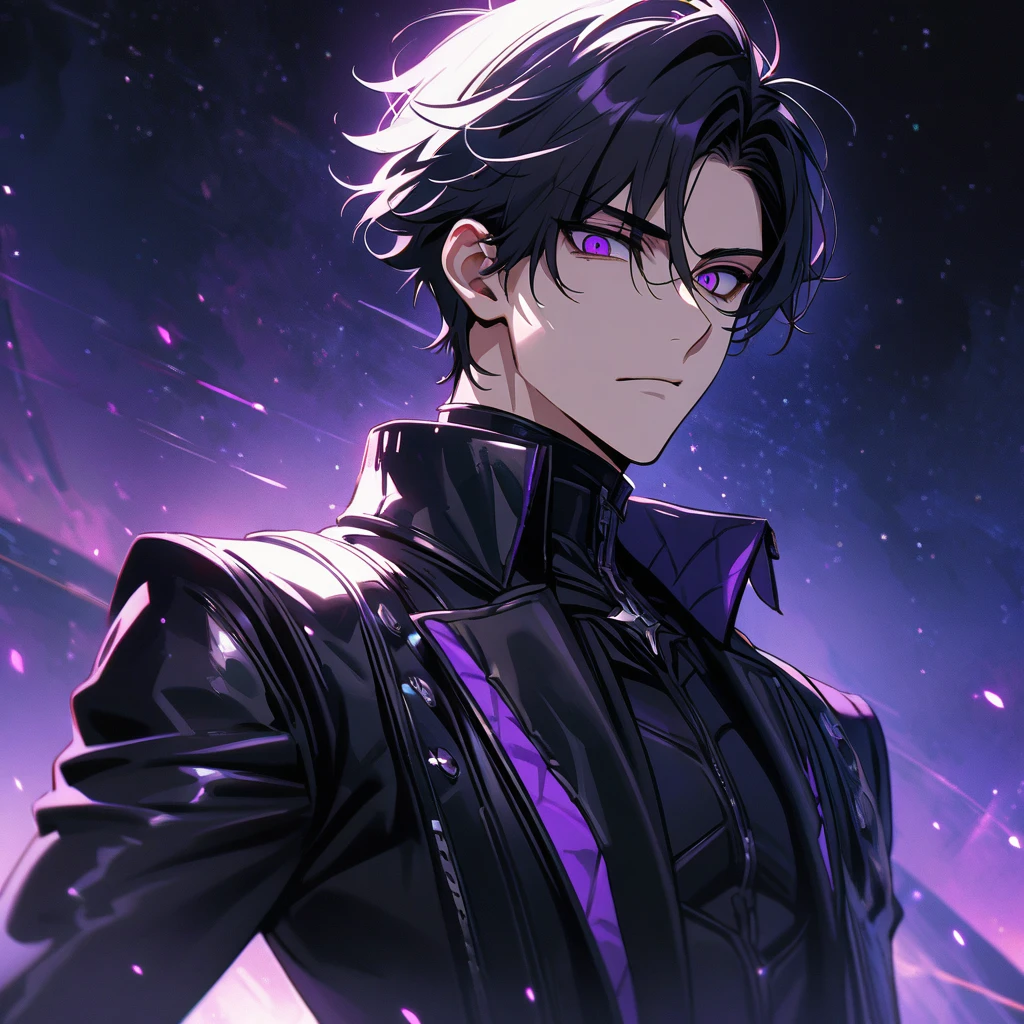 High quality, HD, 4k, no shadows, handsome male, handsome, extremly handsome, 1male, 1 male, teenager, pure black hair, short black hair, dark hair, black hair, jet black hair, sharp eyes, deep purple colored eyes, dark purple colored eyes, deep violet eyes, violet eyes, devil may cry, close up, calm expression, stoic expression, black leather clothes, black leather clothing, leather clothing, lean body, well trained body, upper body, looking at viewer, cowboy shot, white solar, space background