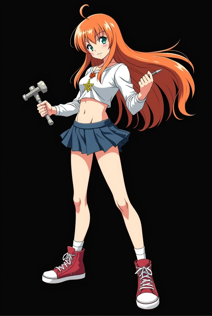 A full body image of an  child, personagem do anime "Dragon Ball", she is very beautiful, with long, straight, fire-colored hair with two white streaks highlighted in the front, framing your face. She has blue-green eyes and pale skin.. she is a Wiccan, she is in fighting pose. she wears a pentagram necklace, croped, glued skirt, beautiful women&#39;s high-top shoes and ¾-long socks, she holds a nail hammer and small nails. It is drawn with Akira Toryama&#39;s animation. black backdrop.