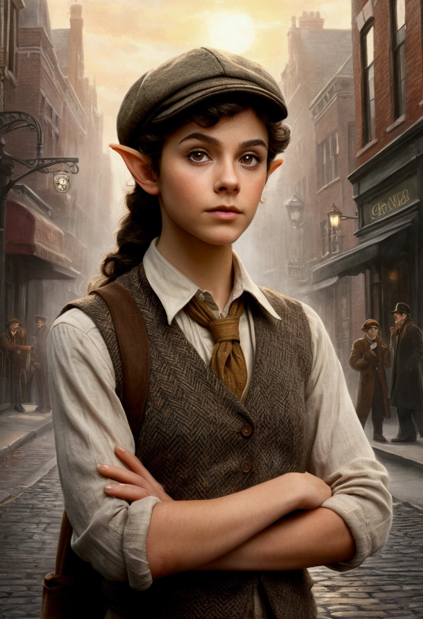 An illustrated movie poster, hand-drawn, full color, a teenage elven girl, wearing a tweed vest and a newsie cap, athletic hourglass figure, long pointy elf ears, amber eyes, dark hair, short curly hair, deep sun-tanned skintone, standing on a foggy victorian-era street corner, graphite shading, stencil marks, airbrushed acrylic paint, masterpiece, in the style of the Sherlock Holmes, elf ears
