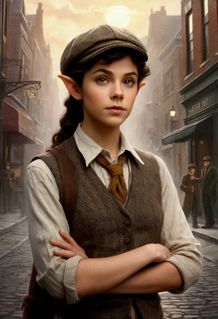 An illustrated movie poster, hand-drawn, full color, a teenage elven girl, wearing a tweed vest and a newsie cap, athletic hourglass figure, long pointy elf ears, amber eyes, dark hair, short curly hair, deep sun-tanned skintone, standing on a foggy victorian-era street corner, graphite shading, stencil marks, airbrushed acrylic paint, masterpiece, in the style of the Sherlock Holmes, elf ears