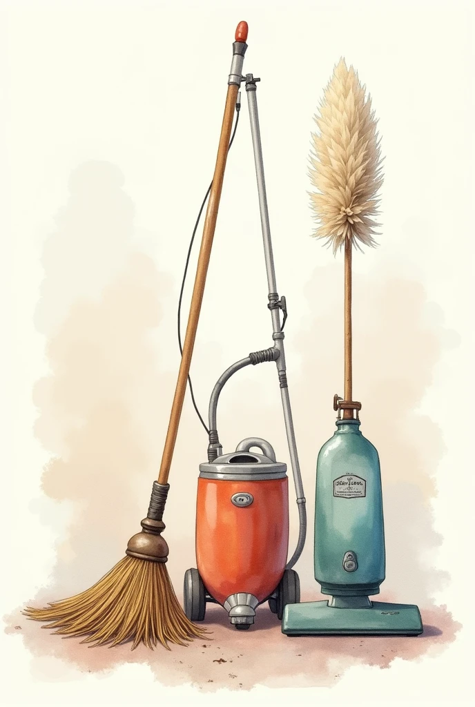 Watercolor drawing with white spaces and undefined outlines : balais, vacuum cleaner, feather duster