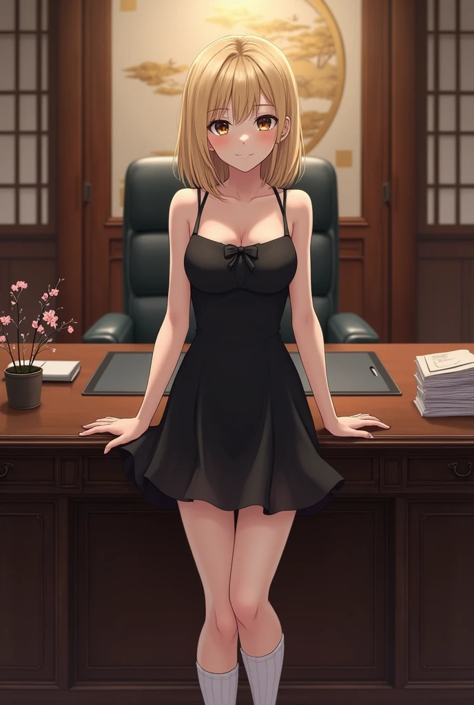 Japanese, young woman, shoulder length blonde hair, small black bow in front of hair, wearing black dress, no shirt underneath, knee high white socks, standing in front of an office desk in an executive’s office