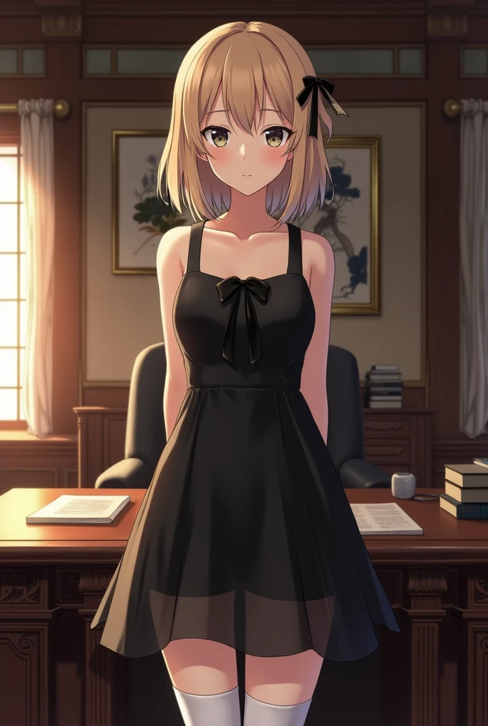 Japanese, young woman, shoulder length blonde hair, small black bow in front of hair, wearing black dress, no shirt underneath, knee high white socks, standing in front of an office desk in an executive’s office