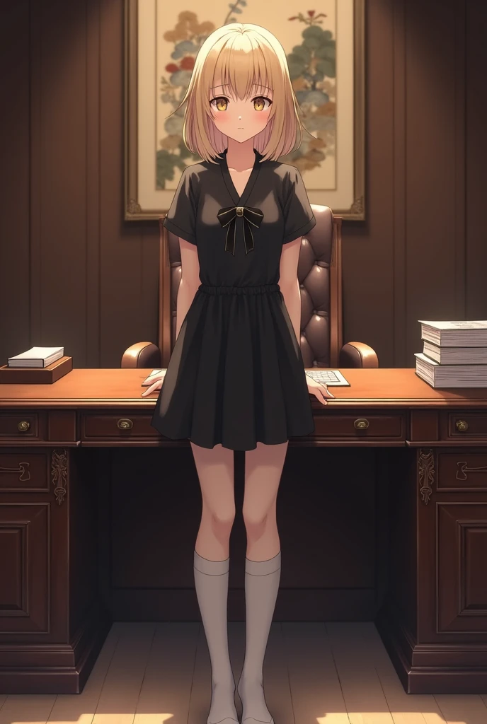 Japanese, young woman, shoulder length blonde hair, small black bow in front of hair, wearing black dress, no shirt underneath, knee high white socks, standing in front of an office desk in an executive’s office