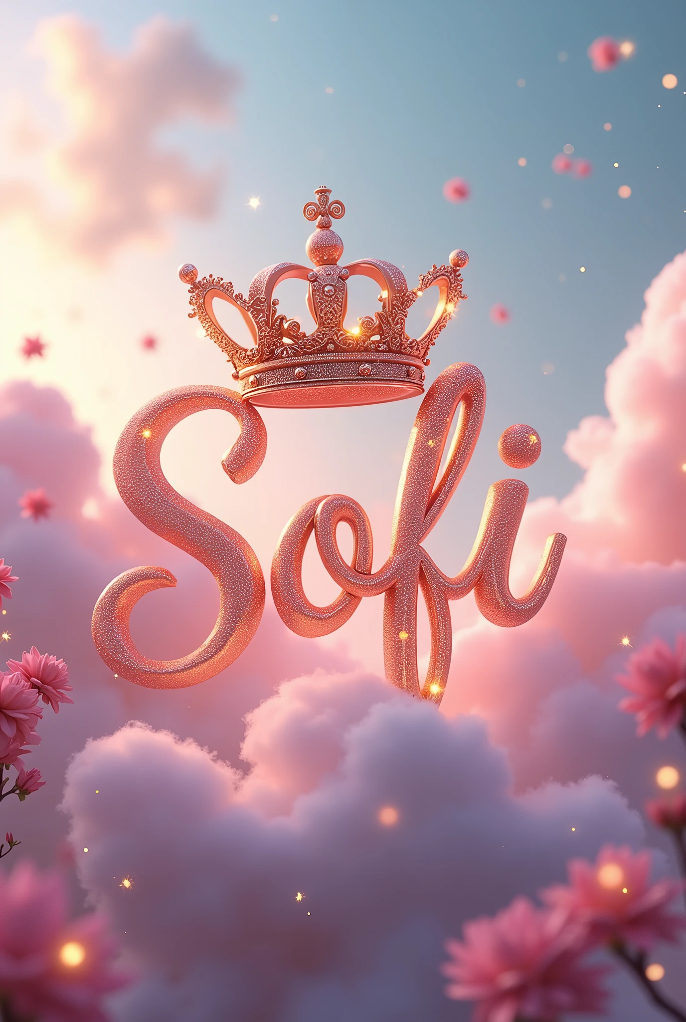 "Design a high-resolution, 8K fantasy scene featuring a name written in elegant, glowing cursive script, such as 'SOfi'. The letters should have a soft, metallic sheen with sparkling accents. Position a majestic, ornate crown delicately balanced on top of the name, exuding an aura of royalty and grandeur. Surround the name with soft, fluffy clouds and blooming pink flowers, creating a surreal and enchanting atmosphere. In the background, incorporate a dreamy sky filled with pastel-colored clouds, gently illuminated by a soft, warm light. Add subtle sparkling stars and magical light particles floating around, enhancing the ethereal and magical feel of the scene. Ensure high detail and quality in textures, lighting, and reflections to make the image truly stand out."
