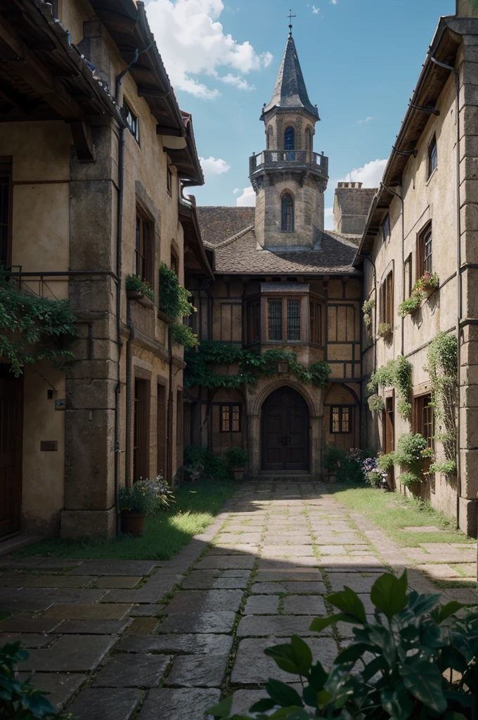 4K, realisitic, very detailled, wide angle lens, damp medieval city, Vibrant, fantastic plants, a big house, Makoto Shinkai style, anime background, conceptual artwork, (no characters appearing), realisitic lighting, epic composition, Diffuse, (work of art, best qualityer), super HD, 32K --v 6