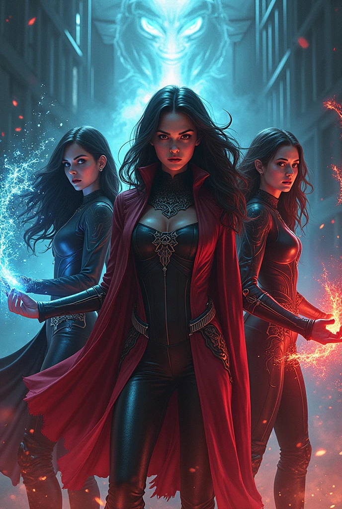 3 young terror witches using powers in the style of Marvel comics drawing