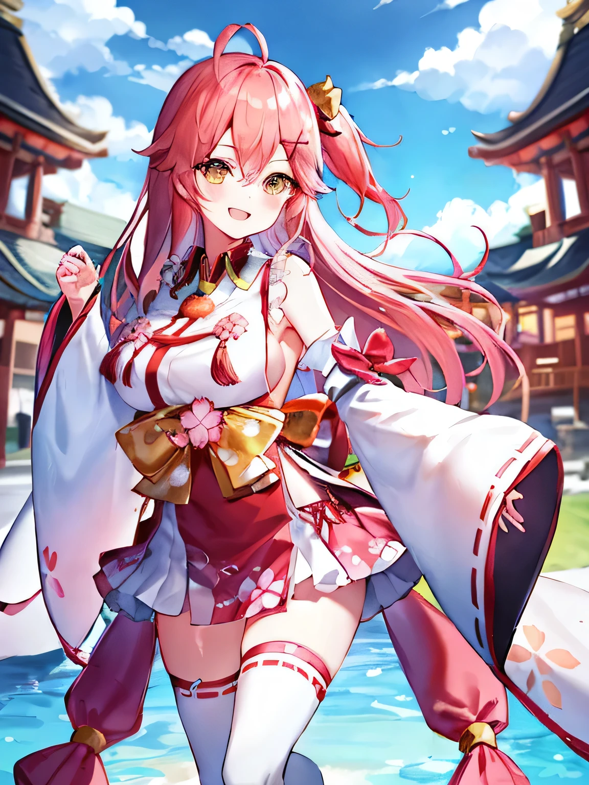 masterpiece, Best Quality, High resolution, Miko1, sakura_Miko, 1 girl, big_tits, Alone, He drowned, X_hair_ornament, rosa_hair, floral print, hairclip,(side_less_CLOTHES:1.5), (side_tits:1.5), hair_Campaign, floral print, long_hair, hair between eyes, one side up, white thighs, asymmetrical legwear, wide sleeves, open_boca,(happy:1.3),scratch_eyes,big_smile,(raise_leg:1.3),chubby,apart_legs,(too much_long_sleeves:1.3),),sleeves_Past_dolls,hands_hidden_sleeves,side lock_CLOTHES,dynamic_Posing,Alone,hidden_dolls,(xd:1.4),covered_Nipples,sunlight,Cherry Blossom_temple_landscape_bottom, vagina