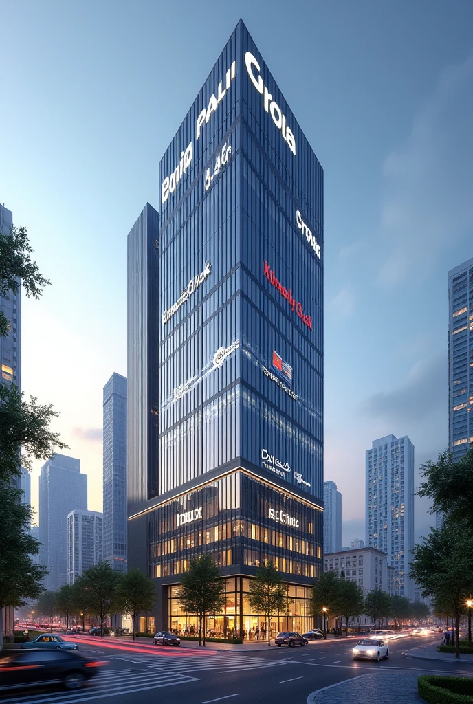Create an image of a Faria Lima style building with the name Plurix and associated companies: kimberly-clark, reckitt and seara in which all texts are more visible
