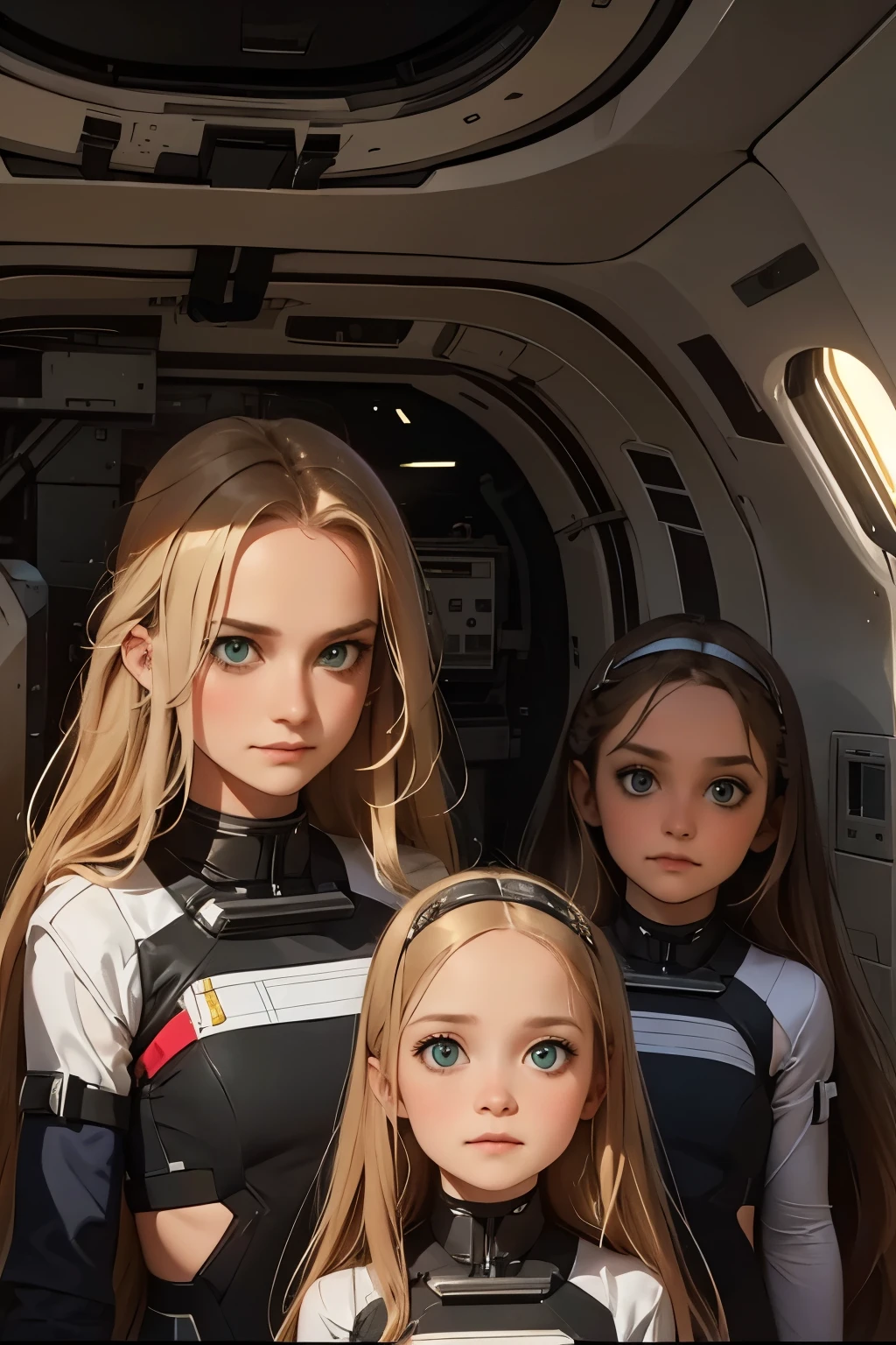 two  and a mother in a space station, a with long blond hair, a with long brown hair. Mom with long hair and dark green eyes