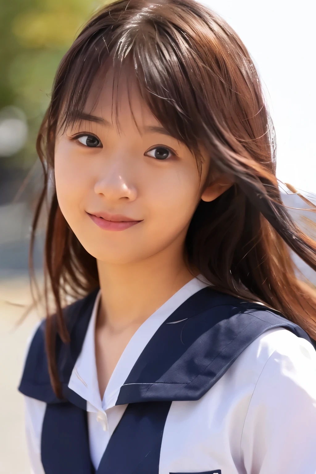 (Raw photo:1.2), (Photorealistic:1.4), Sailor suit, A young Japanese woman, Calm expression, Gently glance over, Long black hair, Running with her skirt fluttering, having a modest smile, detailed face, detailed eyes, Background is a school hallway, 10 second video